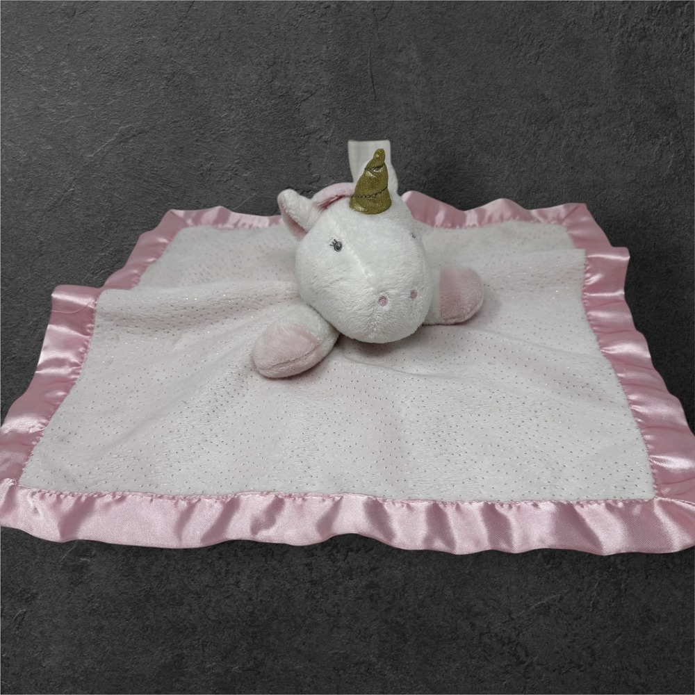 Cloud Island Unicorn Satin Lovey Plush Pink White 14x14" Baby Gold‎ Dot Blanket